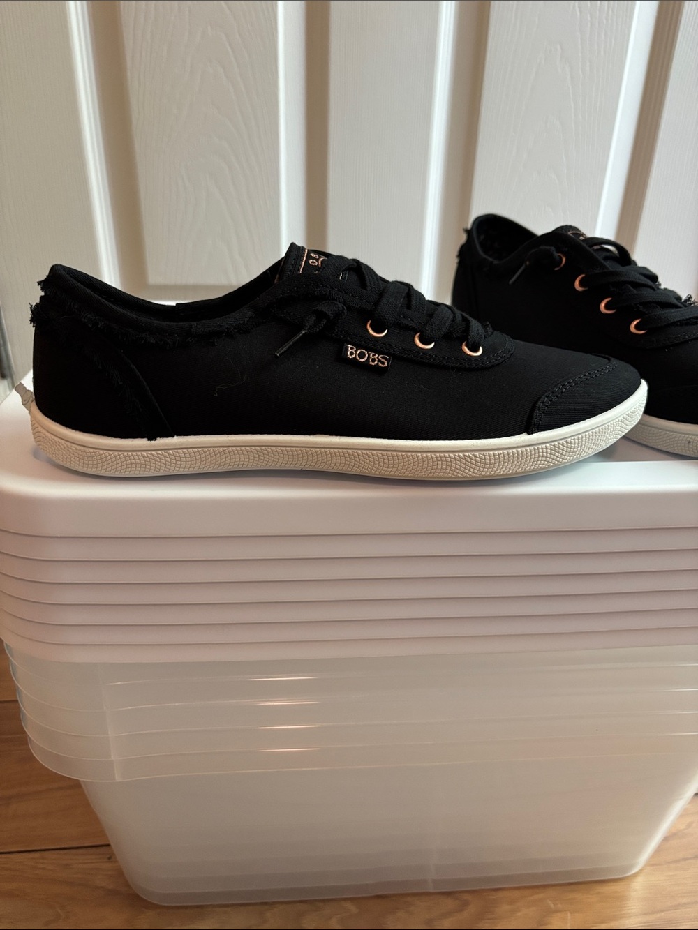 BOBS from Skechers Black Canvas Slip-On Sneakers with White Soles - Picture 3 of 7